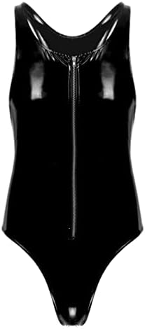 Linjinx Men's PVC Leather Sleeseless Leotard Zipper Bodysuit de uma peça de ponta de calda alta alta