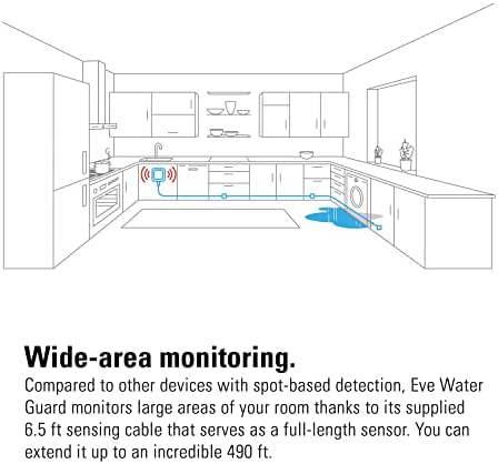 Eve Water Guard - Detector de vazamento de água em casa inteligente, cabo de detecção de 6,5 pés, sirene de 100 dB, notificações de