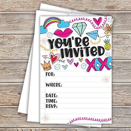 Fun Girl Doodles convites com envelopes - pré -adolescente - convites de aniversário de um aniversário