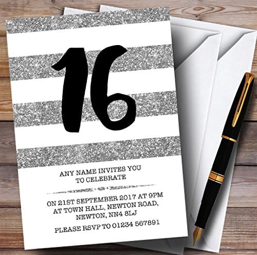 Glitter Silver & White listrado 16º convites de festa de aniversário personalizados
