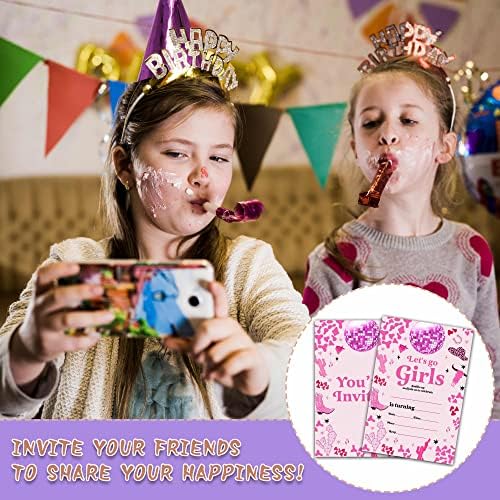 Let's Go Go Girl Birthday Party Invitation Cards, Disco Cowgirl Birthday Invitation, Convites de preenchimento de dupla face para