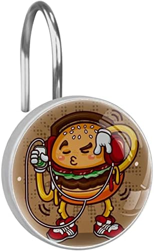 Hamburger de desenho animado engraçado ouvindo música, cortina de chuveiro gancho decorativo à prova de ferrugem Rings