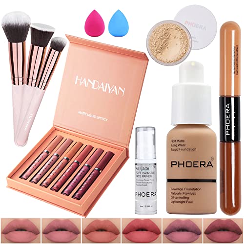 Conjunto de maquiagem da Fundação Phoera, conjunto de batom fosco, Phoera Primer, Phoera Powder, Highlighter Phoera