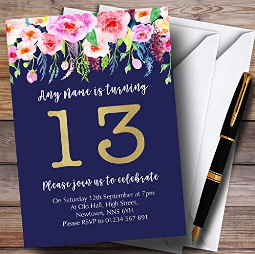 Flores de aquarela azul e rosa 13º convites de festa de aniversário personalizados