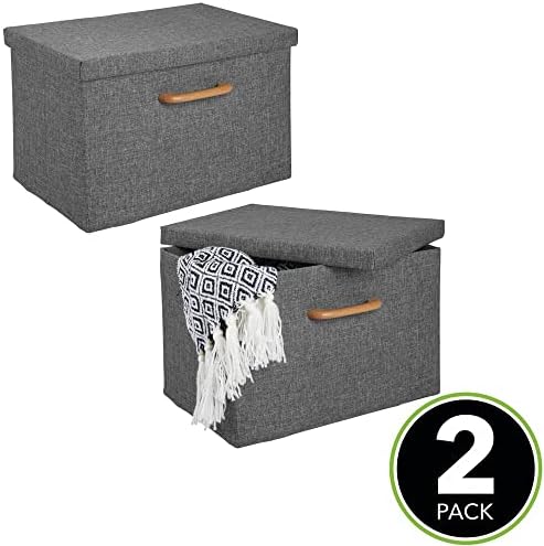 Mdesign Soft Textured Fabric Packable Home Storage Organizer Caixa com alça de madeira e tampa de tampa para armário, quarto,