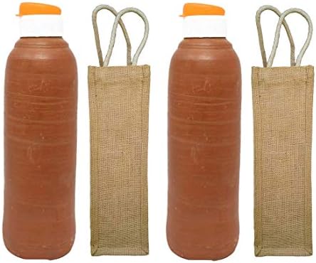 Pacote Odishabazaar de 2 Terracota de argila artesanal/garrafa de água sem vulsão de Mitti real + Bacha de juta 1000ml