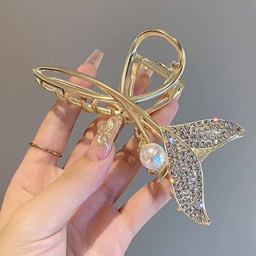 2PCS Gold Metal Pearl Hairpin Flash Diamond Fishtail Grande clipe Adequado para mulheres e meninas Acessórios de cabelo com correspondência