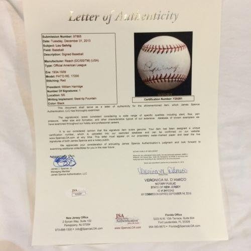 Magnífico Lou Gehrig Single assinado Autografado Al Harridge Baseball PSA & JSA - Bolalls autografados