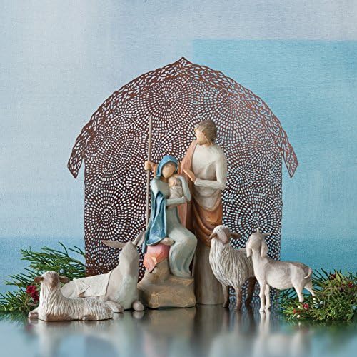 Willow Tree pintado à mão figuras esculpidas abrigando animais para a Sagrada Família, conjunto de 4 peças