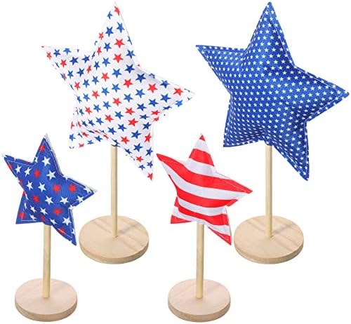 4 peças 4 de julho Decoração para o Outdoor Patriotic Standing Fabric Star Independence Day Wood Star Ornamentos Quarto de julho,