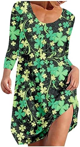 Trebin feminina moda feminina redonda casual pescoço St. Patrick Imprimir vestido casual de manga longa