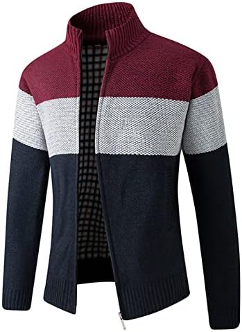 Suéter beuu cardigan para masculino, bloco de cor de inverno colorido de retalhos jaqueta de malha quente zíper casual