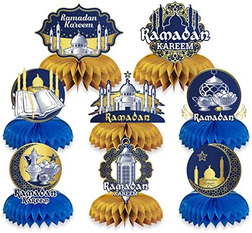 9pcs Eid Mubarak Honeycomb peças centrais do Ramadã Lua Azul Kareem Tabela Decoração Muçulmana Eid Adha Supplies