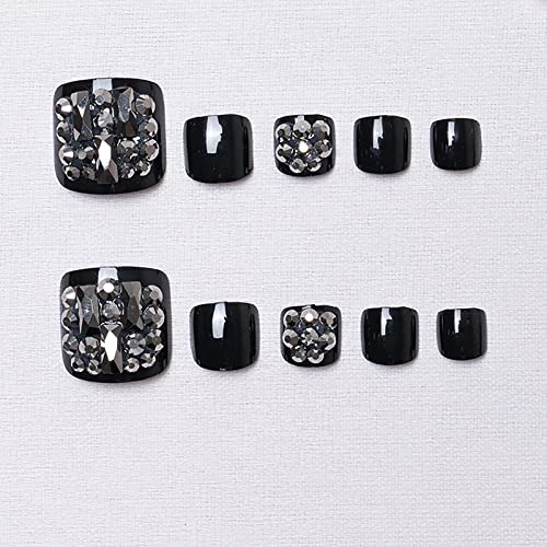 24pcs higirls pressionam unhas do dedo do pé, preto preto falsa Nailssquare unhas de dedos falsos acrílico curto de dedos