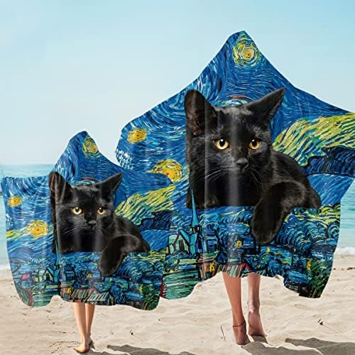 Sleepwish Starry Night Black Cat Tootes com capuz Starry Night Black Cat Ultra Mosft Hooded Towel Wrap para meninos Meninas