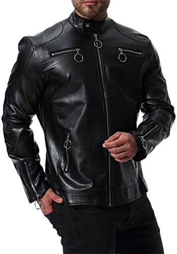 Jaqueta de couro falsa casual masculina Stand Stand Collar Retro Motorcycle Jacket Long Sleeve Zip Up Casat com bolsos com