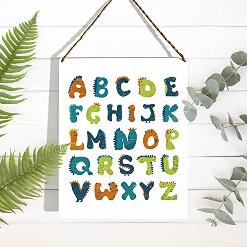 Linda letreiro do alfabeto de dinossauros, placas de jogos, 26 cartas em inglês, decoração do quarto infantil, arco -íris colorido