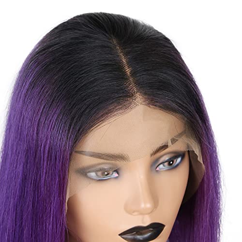 DERUN 13 × 4 Lace Front Wig Humano Ombre ombre curto Bob reto Bob Wigs 1B Remy de cor roxa pré -arrancada com cabelos para bebês