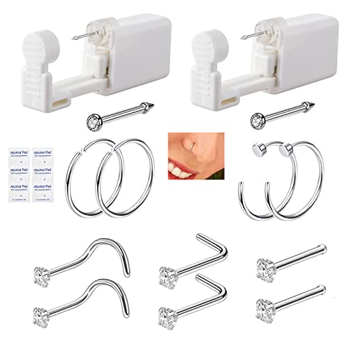 Kit de pistola de piercing no nariz - Yugui 2 pacote de pistola de piercing no nariz com 10 pcs nariz rings kit de piercing no nariz