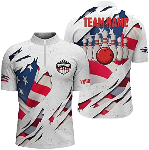 Camisas personalizadas de boliche para homens American Flag Patriótico Bola de boliche Men camisa de zíper, camisa engraçada