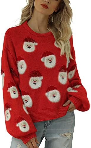 Pullover de suéteres femininos Papullover sólido Papai Noel Padrão de cabeça macia Round Round Christmas Women Gift Sweater