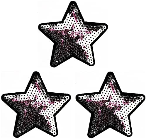 Kleenplus 3pcs. Estrelas rosa Patch de lantejoulas de lantejoulas bordadas bordas estrelas de estrela em crachá costurar