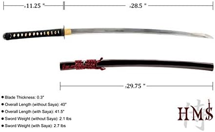 HMS japonês funcional samurai katana espada, ferro tsuba, aço carbono 1045, calor forjado à mão temperado, tang total, nítido, funcional