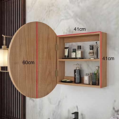 Armário de espelho redondo do banheiro, espelho montado na parede com rack, montagem superficial ou nivelada, armário