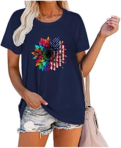 Camiseta do dia da independência da nxxyeel, fofas de girassol feminino tamis de manga curta o pescoço de verão camisetas