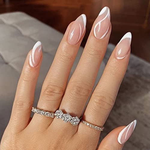 Nlooks Pressione as unhas médias, palito curto na forma de amêndoa com desenhos kit de unhas falsas com cola de unhas para mulheres