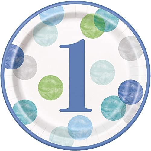 Dots Placas de jantar de papel redondo de 1º aniversário - 9 | azul | 8 PCs