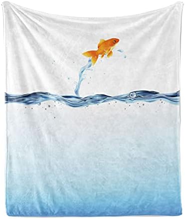 Cobertor de arremesso de aquário lunarable, pequeno peixe dourado pulando da coragem da bravura da água tema da liberdade de liberdade,