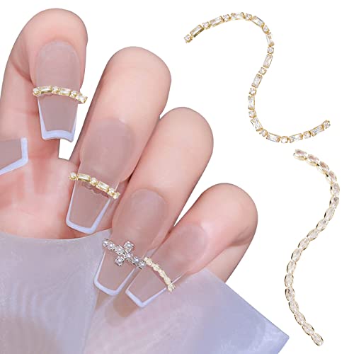 Niceneeded 2 tiras de zircão diamante cadeias de unhas, cadeias de ouro em liga 3D com strass brilhantes, grandes correntes