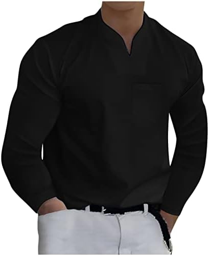 Camisetas de manga longa masculinas Tamas de pescoço sólidas com bolsos de treinamento de fitness