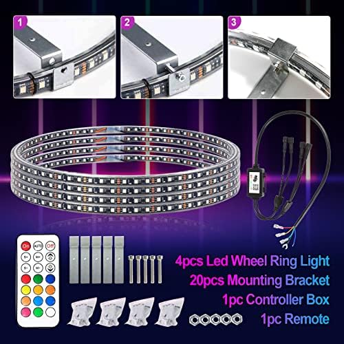 AMONLY 15,5 polegadas RGBW Luzes de anel da roda LED Luzes de pneu com sinal de giro e função de frenagem perseguir luzes