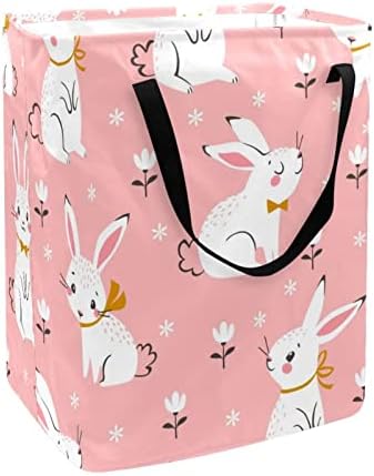 Cure Bunnies e floral em cesto de lavanderia dobrável com estampa rosa, cestas de lavanderia à prova d'água de 60L