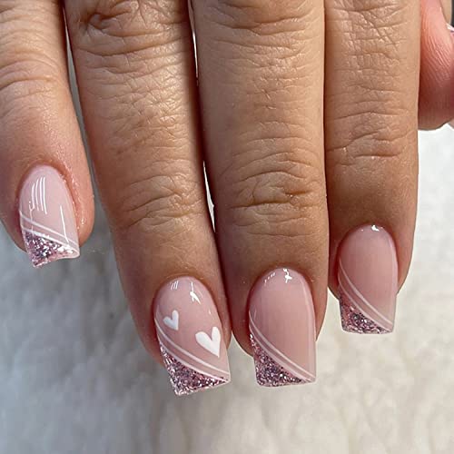 24 PCs Glitter French Tip Press On Unhes Square Praça Falsa Unhas Com Designs de Coração Nudas Nudas Pink Falsas Falsas