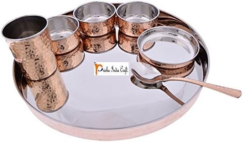 Prisha India Craft Dinnerware Aço inoxidável Copper Conjunto de jantar tradicional de prato thali, tigelas, vidro e
