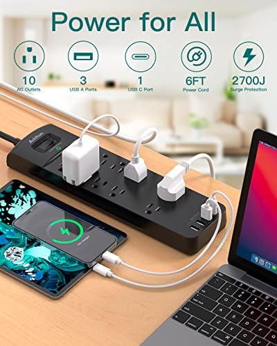 Power Strip - Addam Surge Protector com 10 pontos de venda e 4 portas USB, cabo de extensão de 6 pés com plugue plano, 2700 joules,