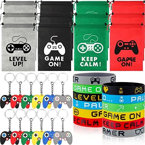 36 Peças Favors de festas de videogame incluem sacolas de favor da festa de jogador com pulsação de pulseiras de pulseiras de pulseiras de pulseiras Chaves de controlador de jogo para meninos para meninos jogos de aniversário de festas de festas