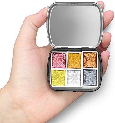 Conjunto de tinta aquarelas artesanais, mini caixa de viagem portátil de tinta com 6 cores metálicas glitter half panes de aquarela