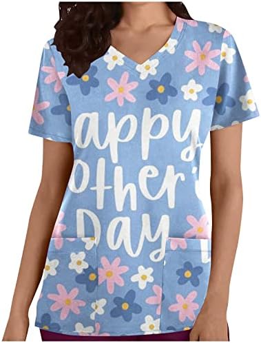 Feliz Dia das Mães Camisetas Mulheres Esfregar Tops com Pocket Lovely Floral Graphic Tees
