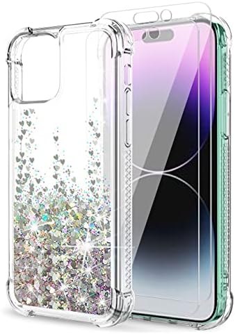 SUNSTORY para iPhone 14 Pro Max Case Clear Glitter com Protetor de tela de vidro temperado [2 pacotes] Movendo Glitter Quicksand