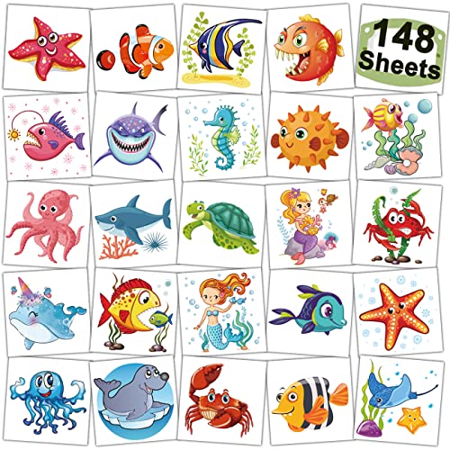 Charlent 148 PCs Ocean Animals Tattoos temporários para crianças - Criatura do mar Tatuagens individuais para meninos
