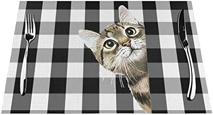 Verifique a mesa de gato engraçada placemats para mesa de jantar conjunto de 4 lavabáveis ​​12x18 polegadas decoração