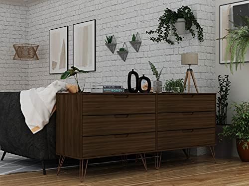 Manhattan Comfort Rockefeller meados do século 6 Drawer Double Low Dresser com pernas de metal, marrom