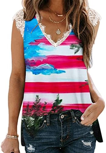 Tanques elegantes do Womens Tops de verão Sexy Lace Trim capital de t-shirt Independence Day Camisetas EUA Bloups patrióticos