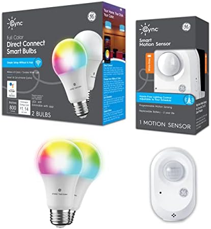 Lâmpadas de LED Smart LED de GE Cync + Pacote de Sensor de Motion Full Color A19 Smart Bulbs, Sensor de movimento sem fio,