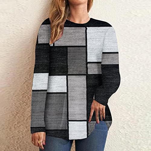 Sweater de manga comprida redonda casual para mulheres, moletons com estampas geométricas caem camisas de blusa de pulôver