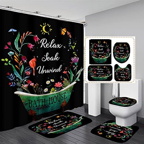 4 PCs Farmhouse Black Shower Cortina Conjunto de flores vintage Conjuntos de banheiros com cortina de chuveiro e tapetes decoração